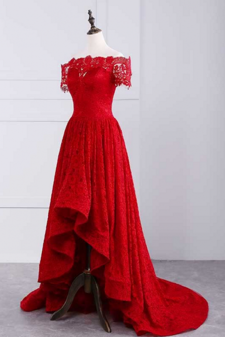 Off Shoulder Evening Dress Lace Red Charming Prom Dress Chic High Low Party Dress