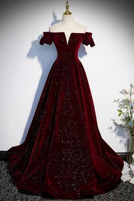 Elegant Prom Dress,burgundy Velvet Party Dress, Glitter Prom Dress