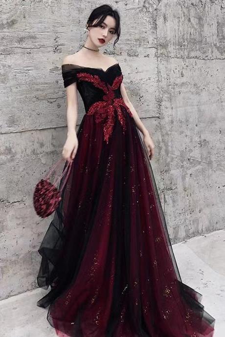 Elegant Prom Dress,burgundy Velvet Party Dress, Off Shoulder Prom Dress