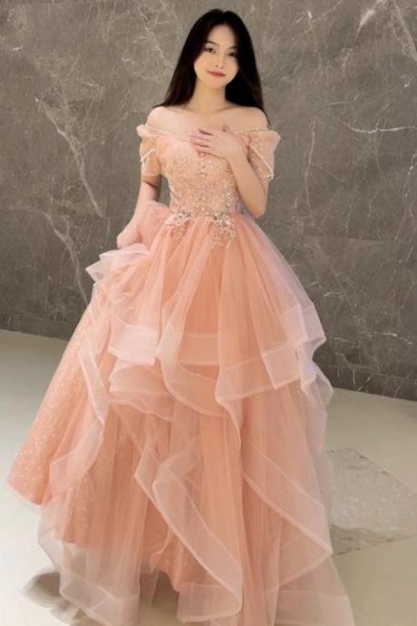 Sweet Off Shoulder Prom Dress Pink Princess Evening Dress, Fairy Party Dress, Girl’s Birthday Dress