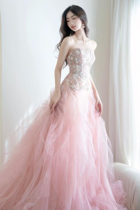 Strapless Evening Dress, Pink Birthday Dress, Quinceanera Dress Chic Princess Dress With Applique