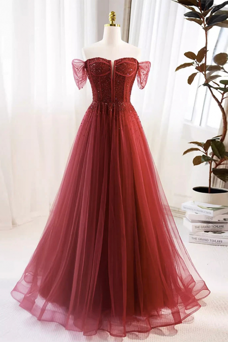 Enchanting Burgundy Tulle Gown With Beaded Corset Sheer Puff Sleeves Prom Dress