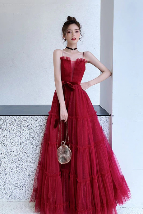 Straps Pary Dresses Burgundy A-line Tulle Cute Prom Dresses