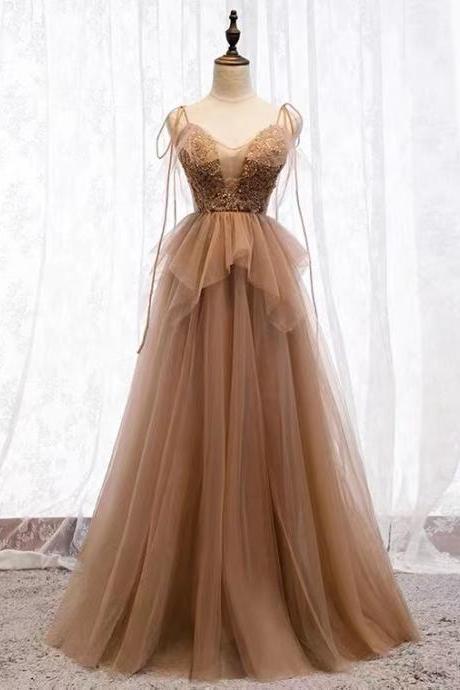 Straps Pary Dresses Champagne A-line Tulle Cute Prom Dresses