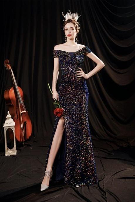 Navy Blue Prom Dress,sexy Party Dress, Off Shoulder Gitter Sequin Evening Dress