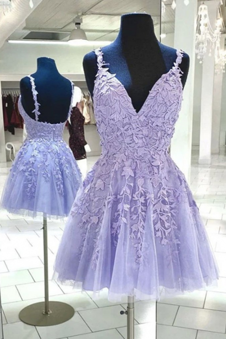 Elegant Sweetheart Straps Tulle Purple Prom Dress, Beautiful Homecoming Dress With Lace