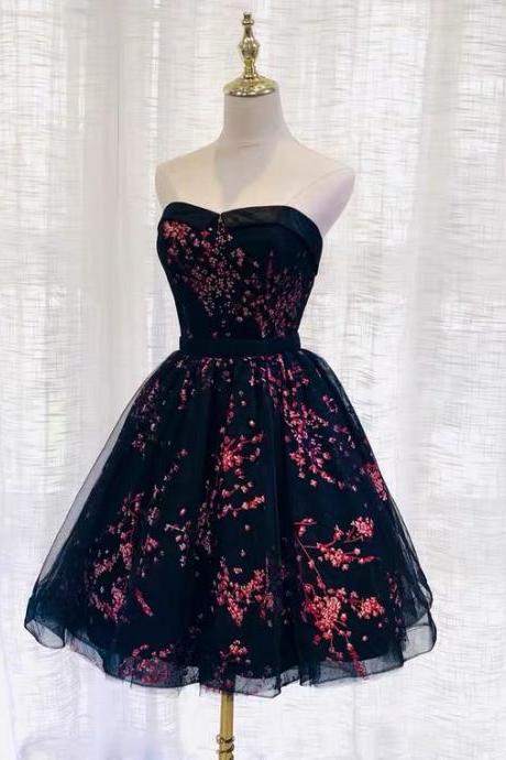 Strapless Evening Dress Tulle Black Cute Homecoming Dress Glitter Graduation Dress