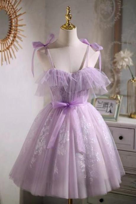 Straps Tulle Chic Party Dress, Beautiful Purple Homecoming Dress With Lace