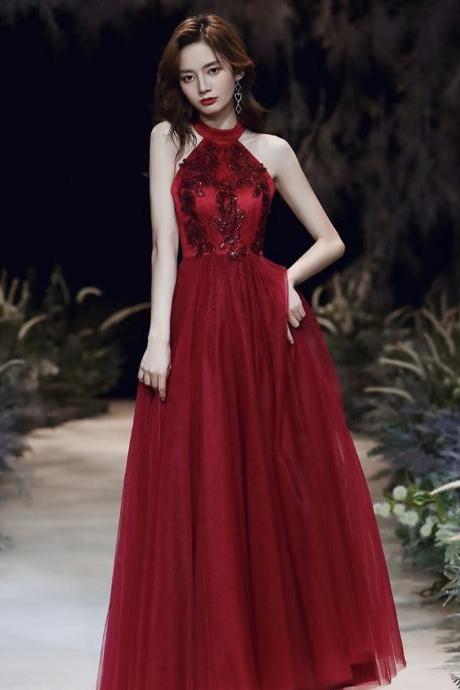 Halter Neck Tulle Party Dress, Sexy Red Prom Dress