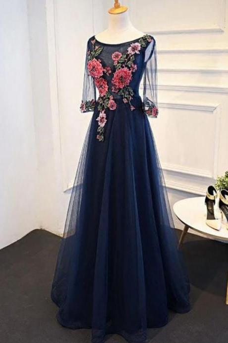 Long Sleeve Tulle Party Dress, Elegant Navy Blue Formal Dress With Applique
