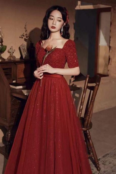 Long Sleeve Tulle Party Dress, Charming Red Formal Dress With Pearl