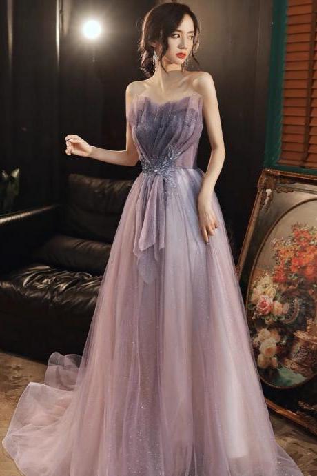 Strapless Tulle Party Dress, Glitter Purple Prom Dress Gradient Evening Dress