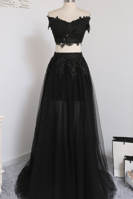 Sexy Two Pieces A-line V-neck Cap Sleeves Tulle Lace Slit Long Women Prom Dresses Prom Gown Evening Dresses Evening Gown