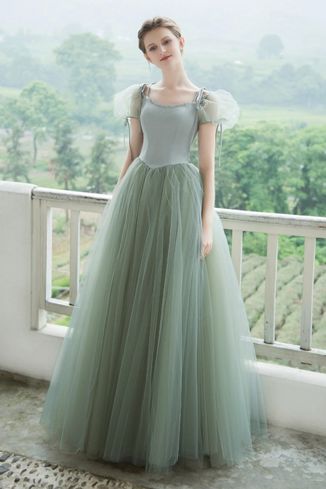 Fairy Green Tulle Short Sleeve Prom Cute Graduation Dresses