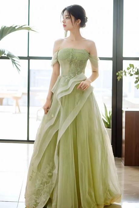 Fairy Green Off Shoulder Tulle Floor Length Prom Dress,fresh Party Dresses With Applique