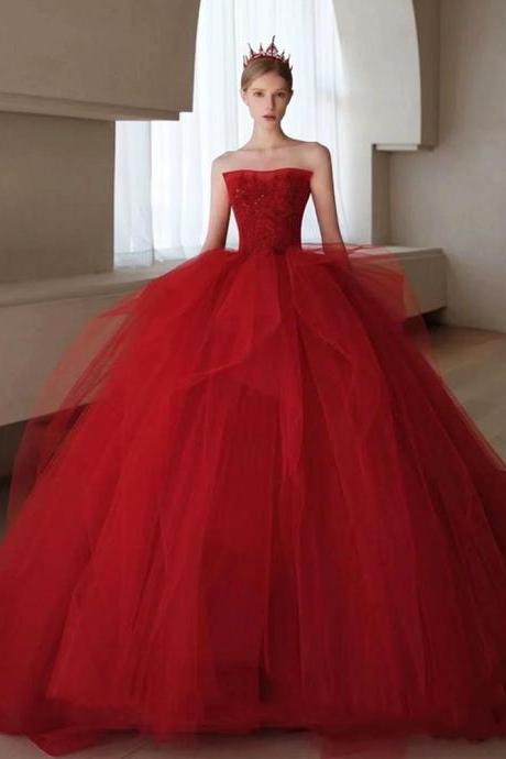 Sweetheart Neck Tulle Long Prom Dress,luxury Red Evening Dress Sweet 16 Formal Dress