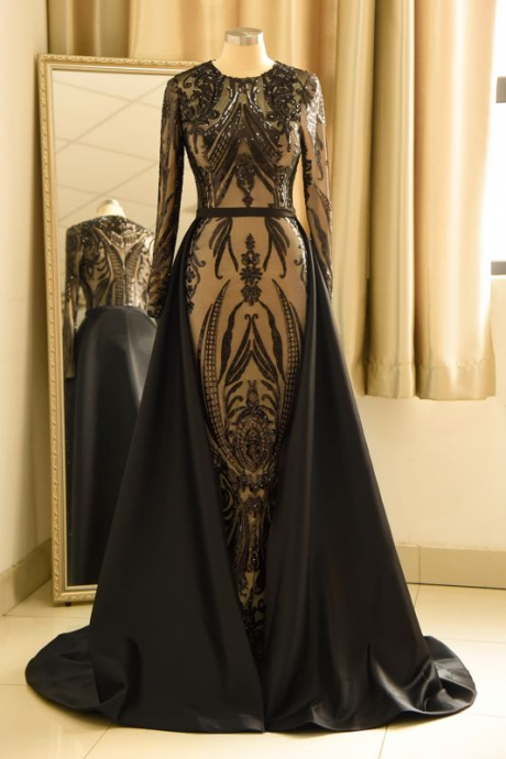 Black Prom Dresses With Detachable Skirt Satin Sequin Applique Vintage Elegant Prom Gown Long Sleeve Formal Dress