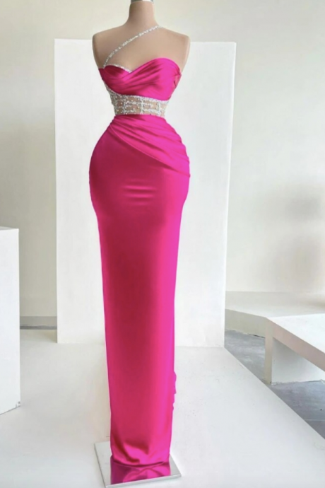 Pink Prom Dresses,sexy Evening Dresses Mermaid Beadings One Shoulder Pleats Satin Formal Prom Dress