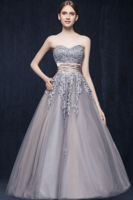 Strapless Gray Party Dress ,lace Prom Dress