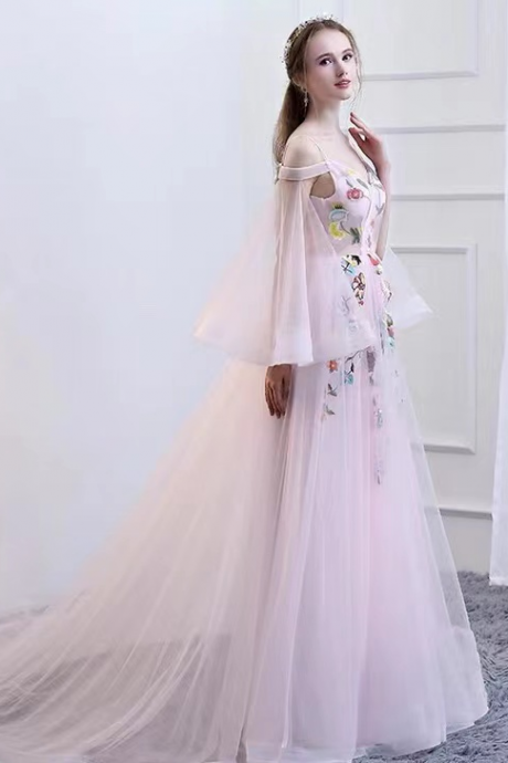 Off Shoulder Pink Party Dress ,princess Prom Dress ,modern Embroidered Graduation Dress