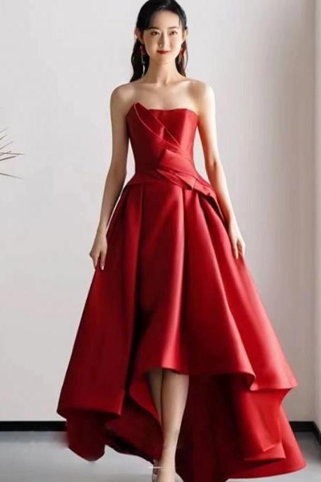 Sweetheart Neck Satin Prom Dress,strapless Red Evening Dress High Low Party Dress