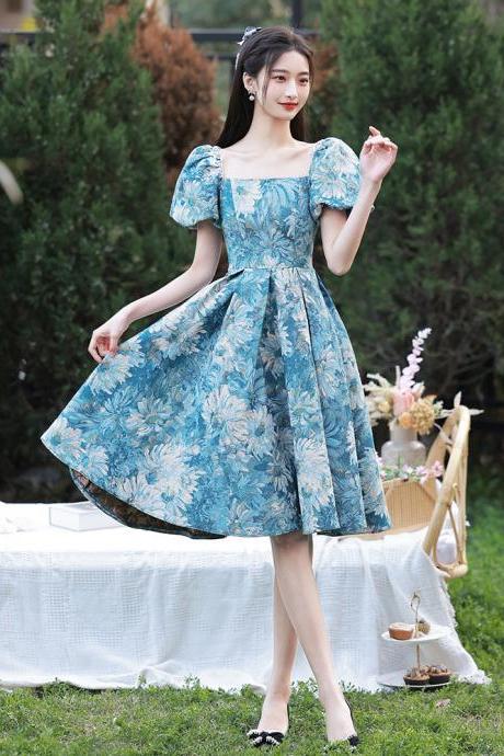 Blue Oil Painting Vintage Dress Sweet 16 Party Dress, Girls Graduation Dress