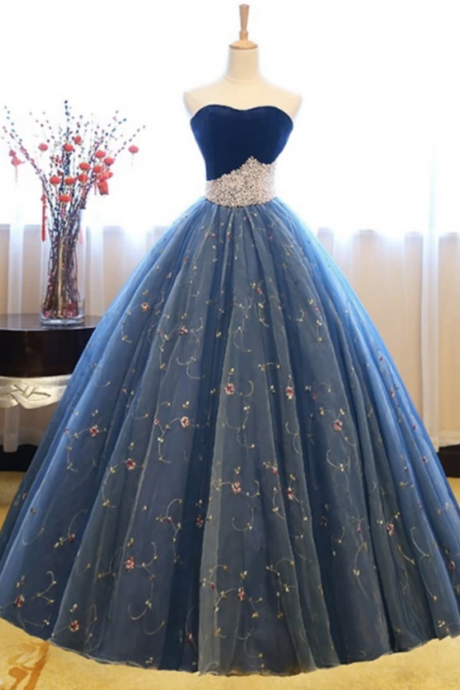 Sweetheart Neck Tulle Prom Dress,strapless Blue Evening Dress Floral Ball Gown Dress