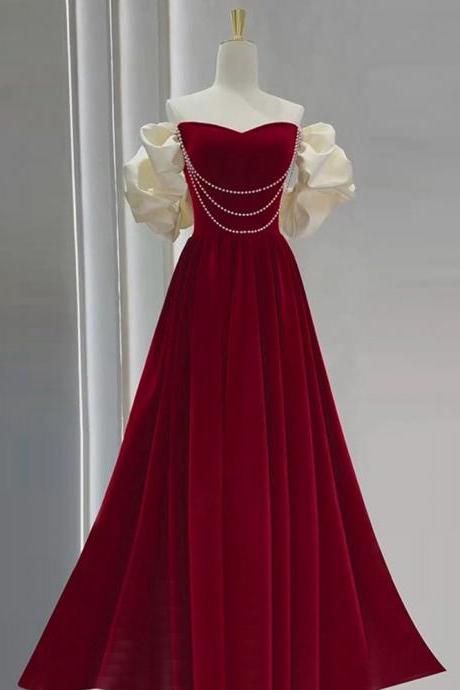 Burgundy Velvet Prom Dresses, Formal Off Shoulder Party Dress, Sweet Evening Gowns