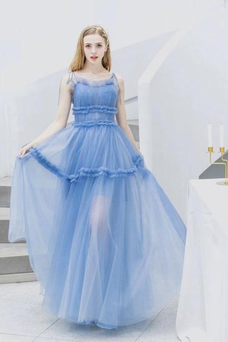 Spaghetti Strap Party Dress Blue Prom Dress Cute Princess Birthday Dress