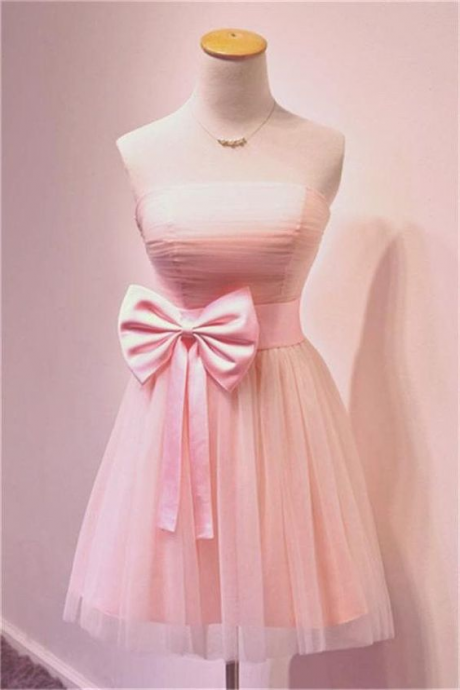 Girly Simple Short Graduation Dress ,pink Strapless Homecoming Dresses ,formal Party Gown ,cute Bridesmaid Dress