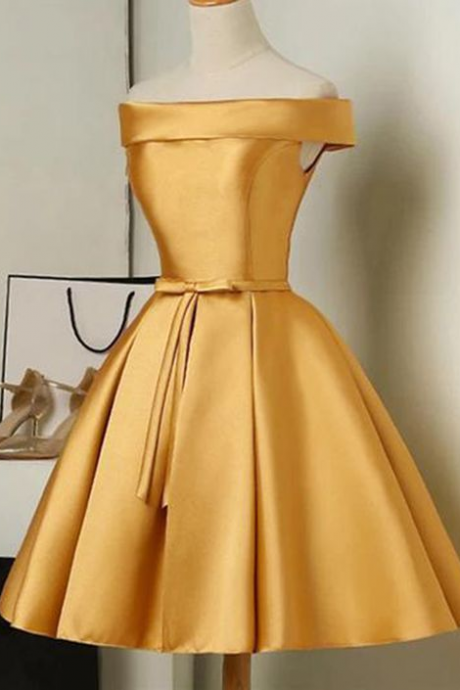 Simple Short Graduation Dress ,yellow Off Shoulder Homecoming Dresses ,satin Formal Party Gown ,cute Birthday Dress