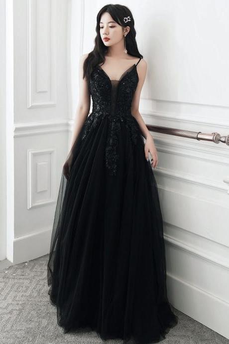 Spaghetti Strap Evening Dress Black Long Prom Dresses, Aline Black Formal Graduation Dresses