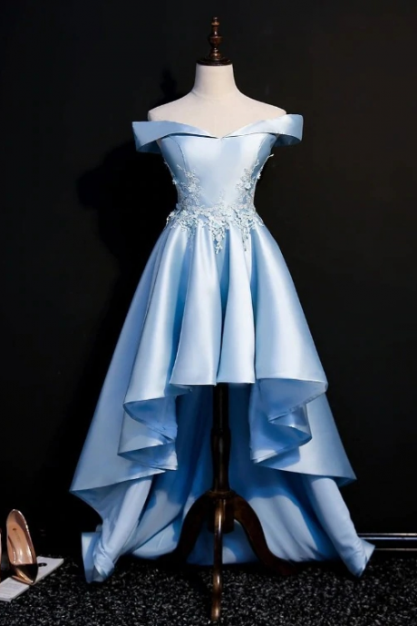 Light Blue Satin With Lace Applique High Low Homecoming Dress, Blue Short Off Shoulder Formal Dress