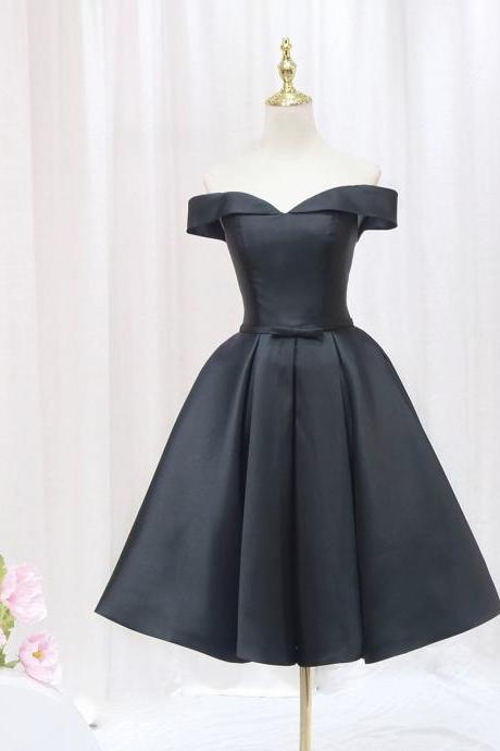 Cute Satin A-line Short Homecoming Dress , Off Shoulder Lace-up Formal Dress,little Black Dress