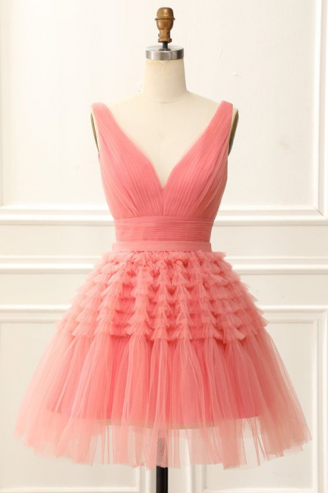 V-neck Homecoming Dress Pink Cute Party Dress