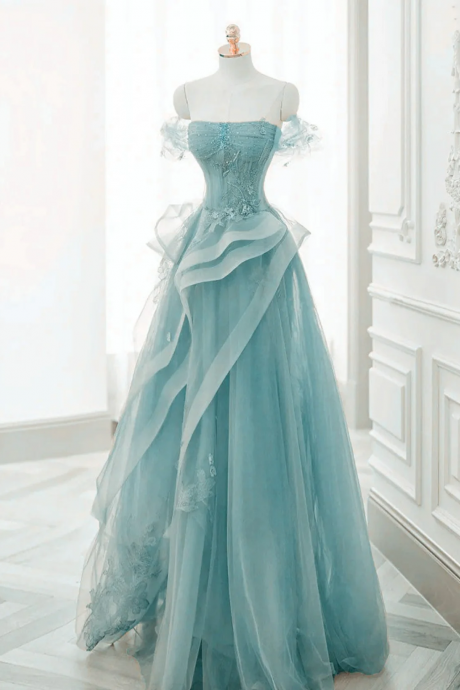 Off Shoulder Lace-up Formal Dress,blue Birthday Dress Pretty Prom Dress