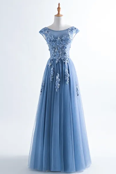 Cap Sleeve Lace-up Formal Dress,blue Wedding Guest Dress Elegant Prom Dress