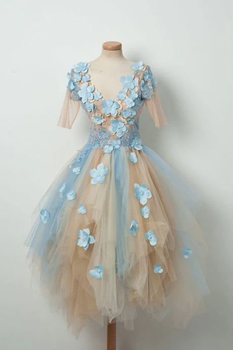 V-neck Prom Dress Fairy Light Blue Party Dress Charming Floral Homecoming Dress