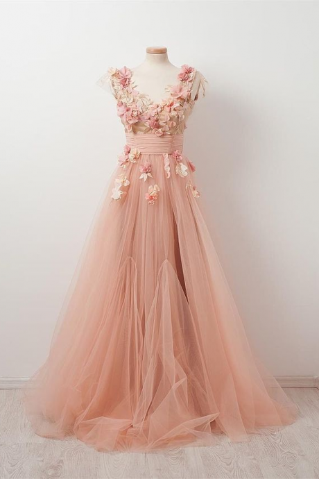 V-neck Prom Dress Fairy Pink Party Dress Floral Evening Dress