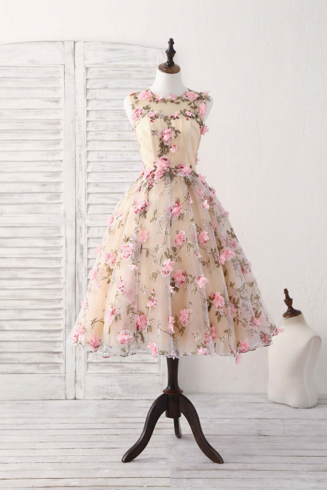 O-neck Prom Dress Cute Pink Party Dress Floral Homecoming Dress