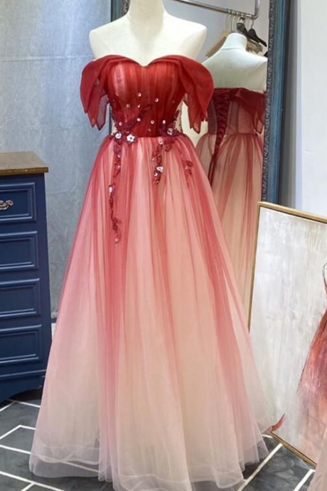 Off Shoulder Prom Dress Red Party Dress Charming Gradient Evening Dress