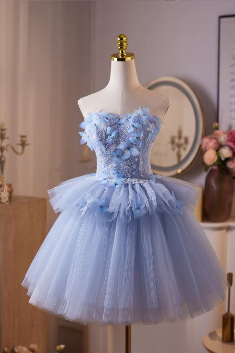 short blue fairy dress Blue Tulle New Short Prom Dresses, A-line One Shoulder Fairy Princess –  bridalsew main image 1