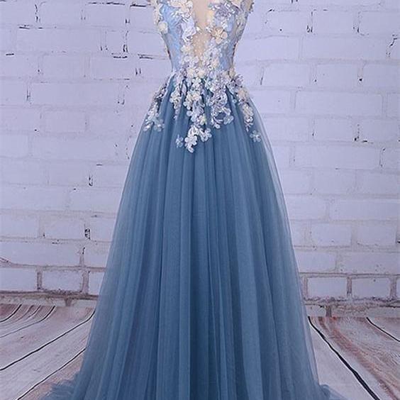 A-line Illusion Sweep Train Tulle Appliqued Beaded Prom Dresses on Luulla