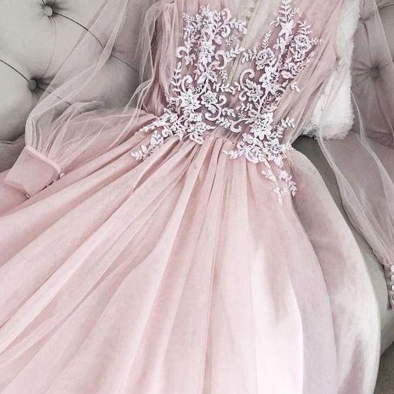 Pink Party Dress V Neck Tulle Long Prom Dress, Long Sleeves Evening ...