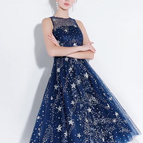 Blue Evening Dress, Sleeveless Graduation Dress, Stars Evening Dress ...