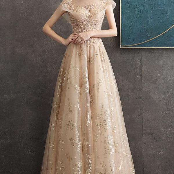 Champagne Gold Prom Dress, Starry Night Prom Gown,oneck Party Dress — free download