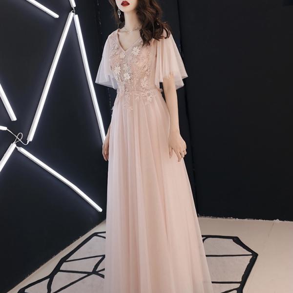 V-neck Appliqued 3/4 Sleeves Asymmetrical Dress Blushing Pink