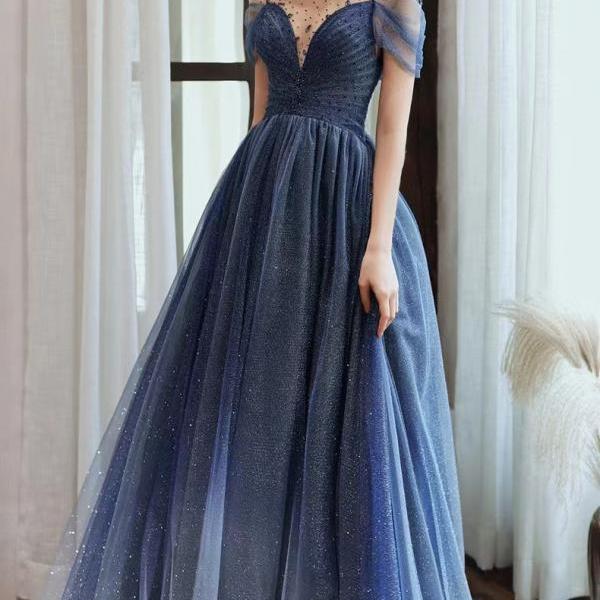 Gradient Blue Prom Dress, Dreamy Starry Night Evening Dress, Beaded ...