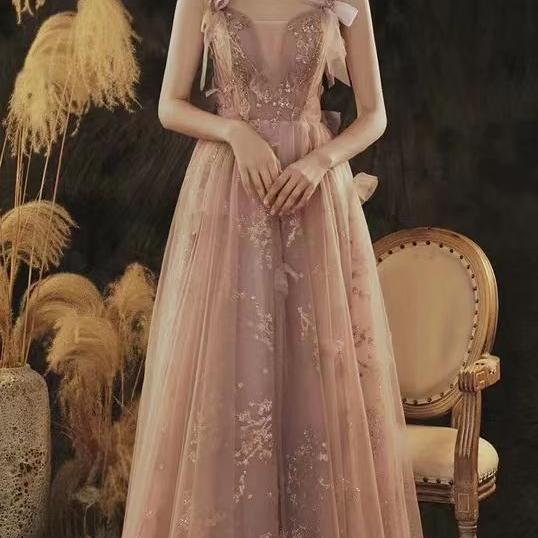 Pink bridesmaid dress, fairy student dress, elegant long evening gowns,Custom made