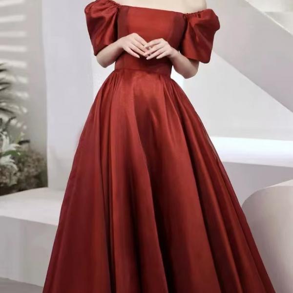 New, cute bubble sleeves prom dress, red long square collar evening dress,Custom made